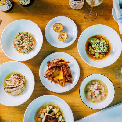 Several seafood dishes served, top view