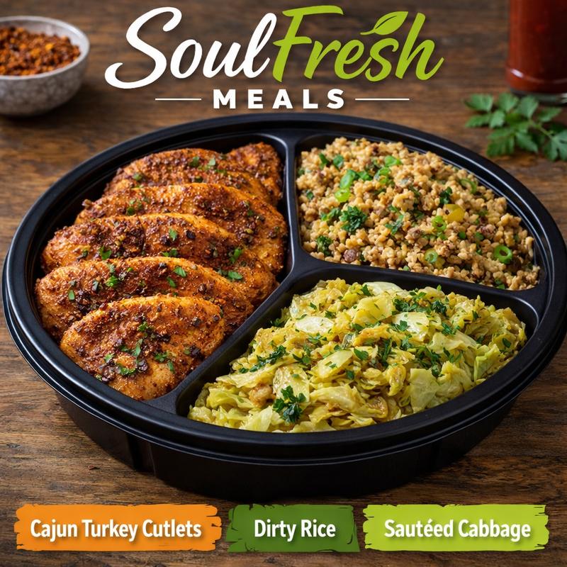 menu item 36 of 43, Cajun Turkey Cutlets | Dirty Rice | Sautéed Cabbage