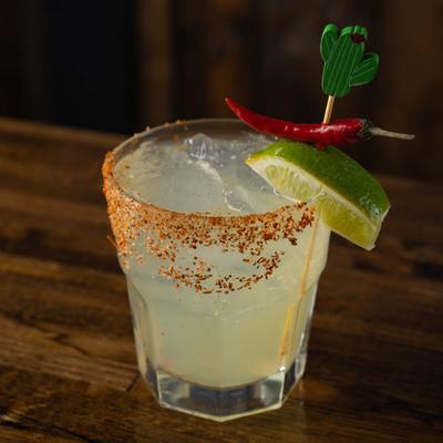 Spicy Margarita, sugar rimmed and garnished with lime and red chili pepper