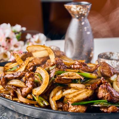 Mongolian Beef with onions and peppers.