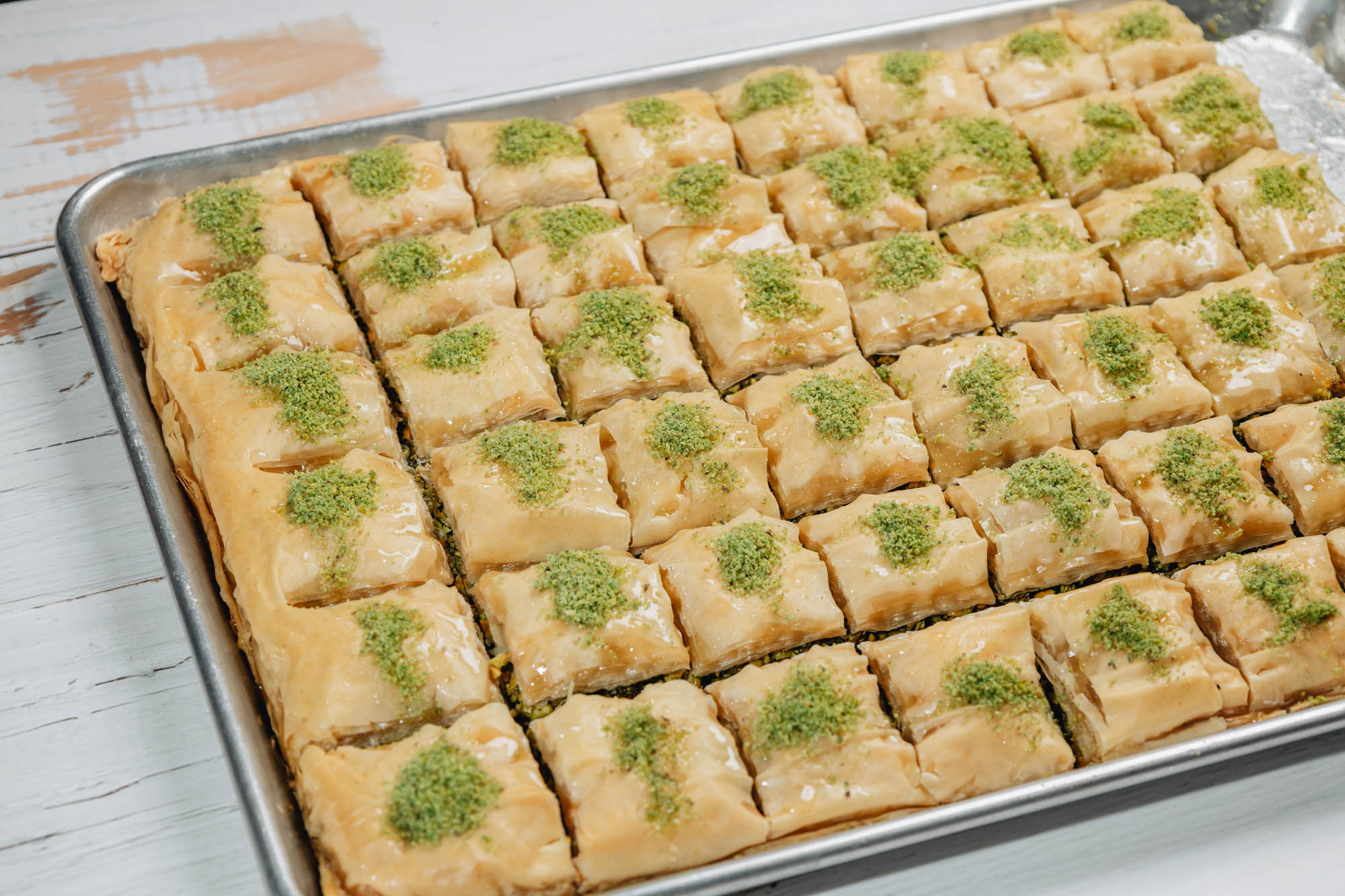 A tray with baklava, top view