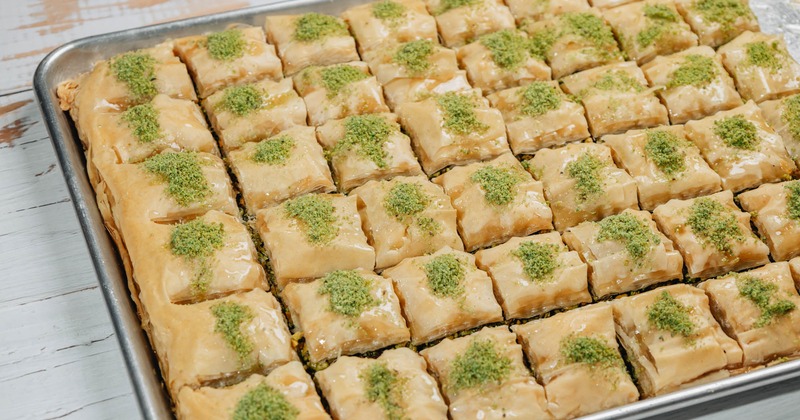 A tray with square-cut baklava