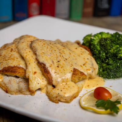 Crab Stuffed Flounder with Broccoli, closeup.