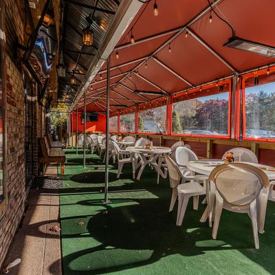 Covered seating area outside.