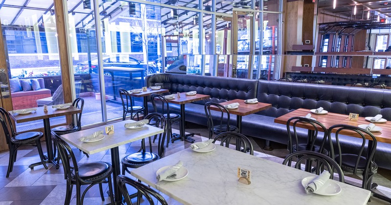 Interior, seating area, tables, chairs, and seats