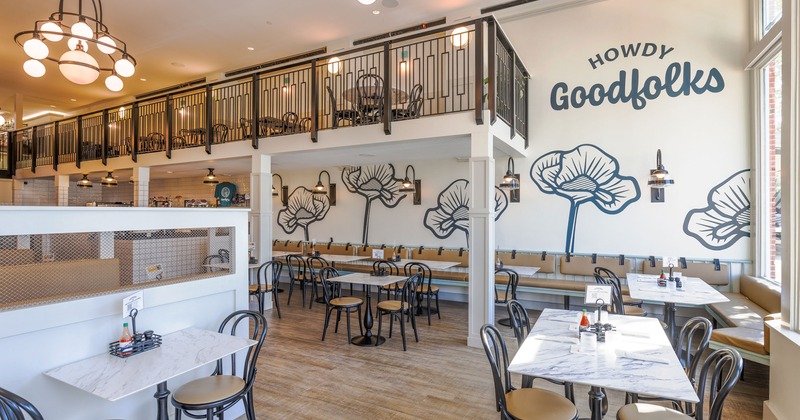 Interior, dining tables and seating downstairs