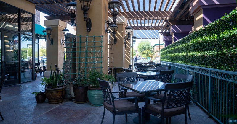 Outside, covered seating area