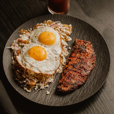 Chilaquiles Verdes with steak.