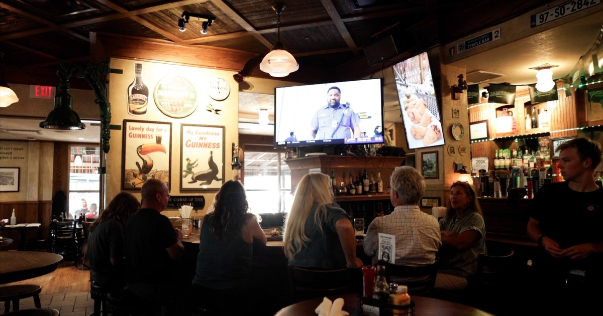 Bar area, bar, tv screen above, guests
