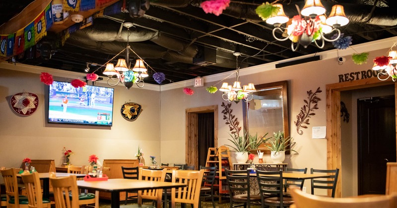 Interior, dining area, traditional and floral decorations on walls and ceiling