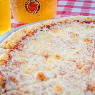 Cheese Pizza served with beer.