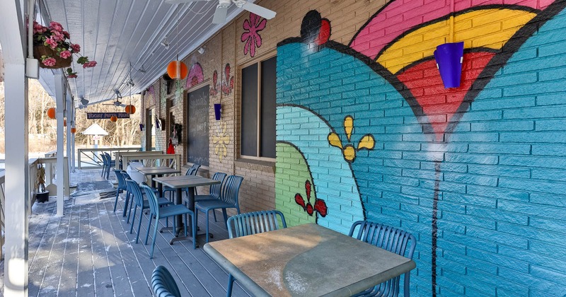 Exterior, tables and chairs all lined up