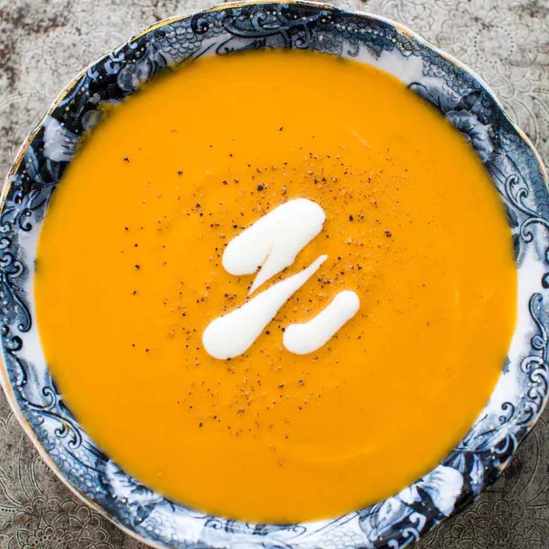 Sweet Potato & Carrot Soup with Drizzled Cream photo