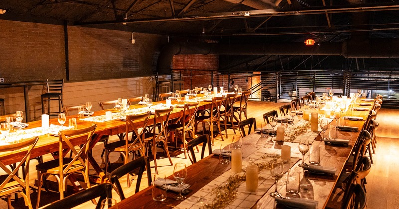 Interior, set tables and chairs lined up and ready for guests