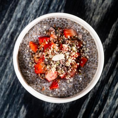 A top view of chia pudding cup on a table