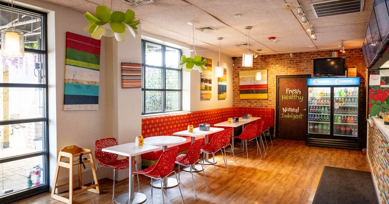 Interior, tables, chairs and high back benches