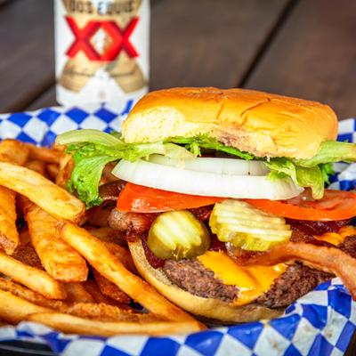 Bacon cheeseburger and fries.