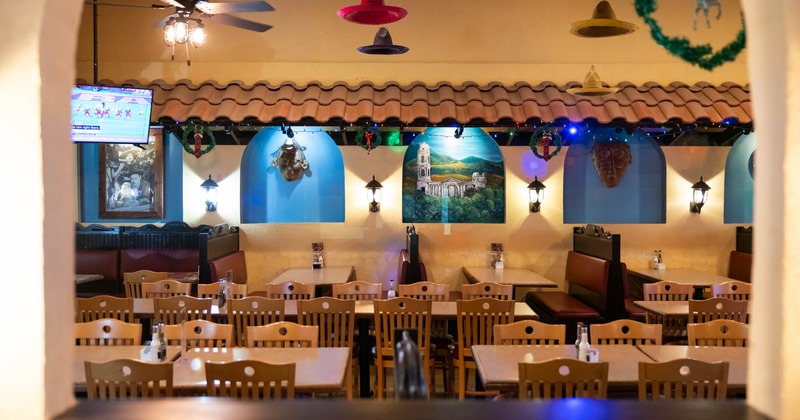 Interior, dining tables, chairs, booths