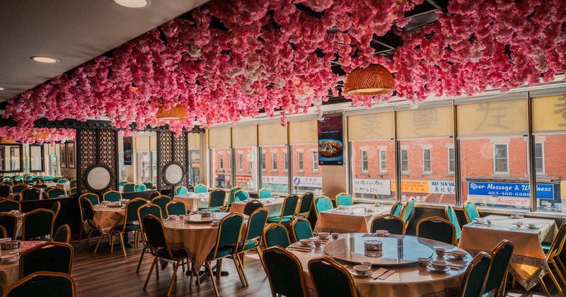Interior, open space dining area, tables for four, eight and six, floral ceiling decoration