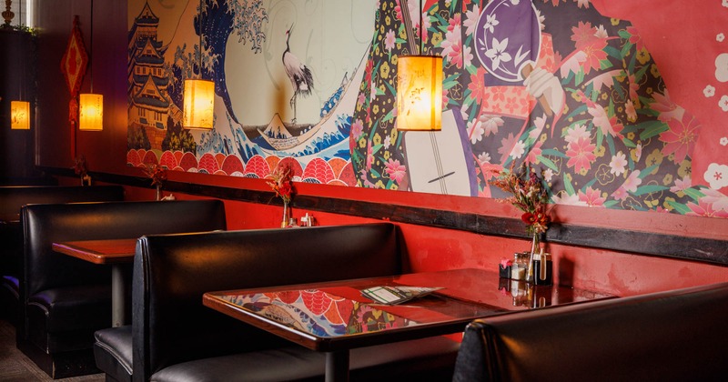 Interior, upholstered booths, Japanese print decoration on the wall