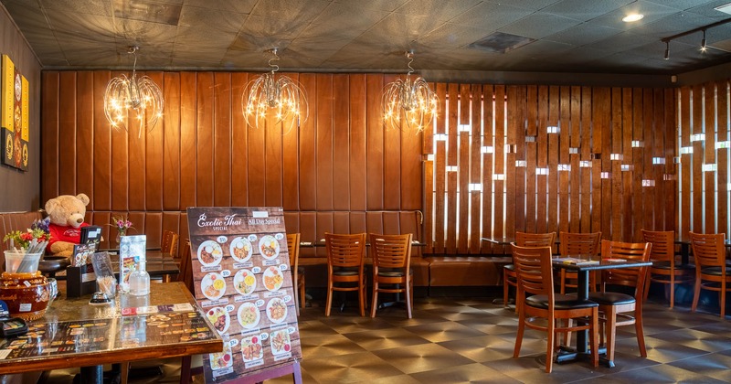 Interior, wooden tables and chairs