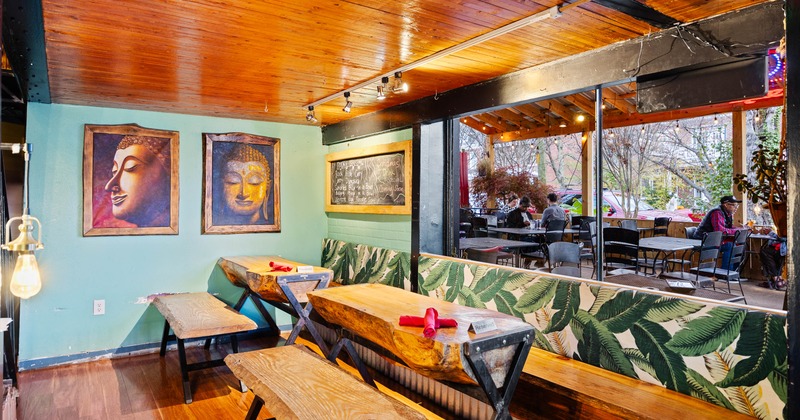 Interior, seating space, wooden benches