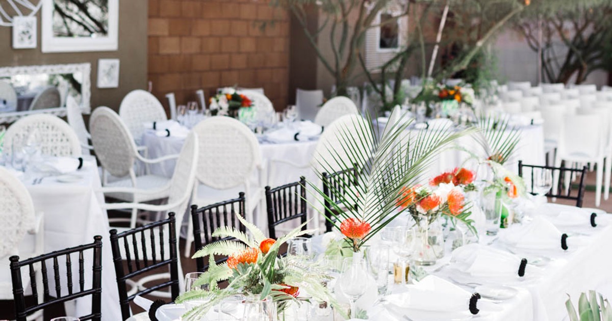 Tables and chairs set for dining