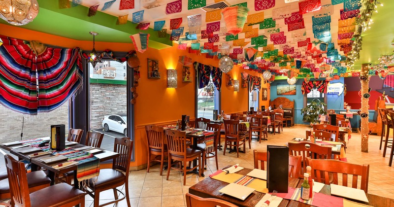 Interior, dining area with ceiling decoration