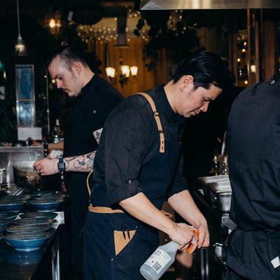 A bustling kitchen scene.