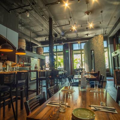 The restaurant's interior, tables and chairs.
