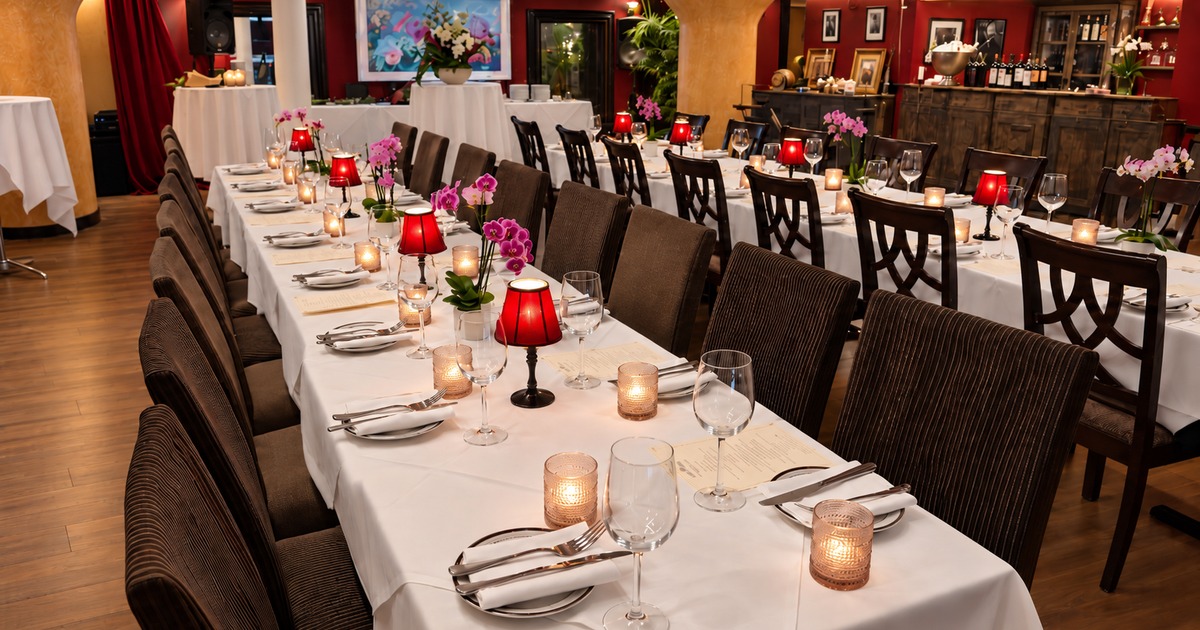 Mezzanine tables set for rehearsal dinners and celebrations at Il Sogno Italiano.