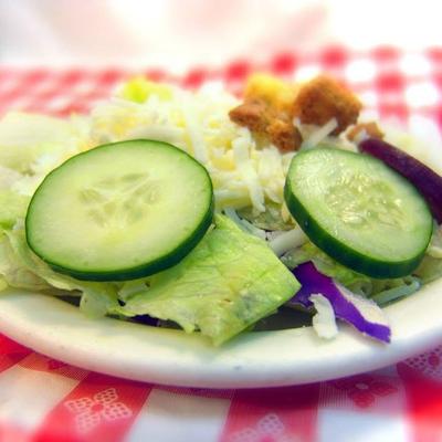 Salad mix. topped with  cucumber, beet, cheese, and croutons.