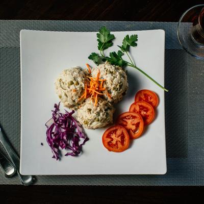 Chicken potato salad, top view.