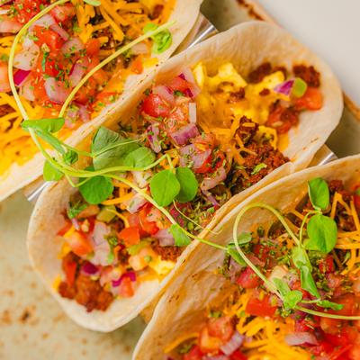 Fiesta tacos with chorizo, close up.