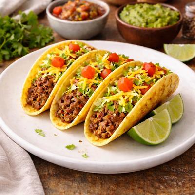 Hard-shell tacos with ground beef, lettuce, diced tomatoes and cheese, alongside lime wedges.