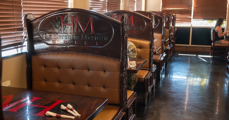 Interior, dining booths by the windows