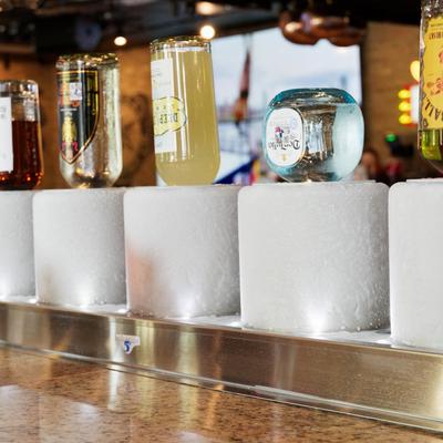 Liquor bottles in holders.