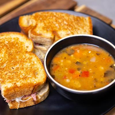 Farmers market soup with a Reuben.