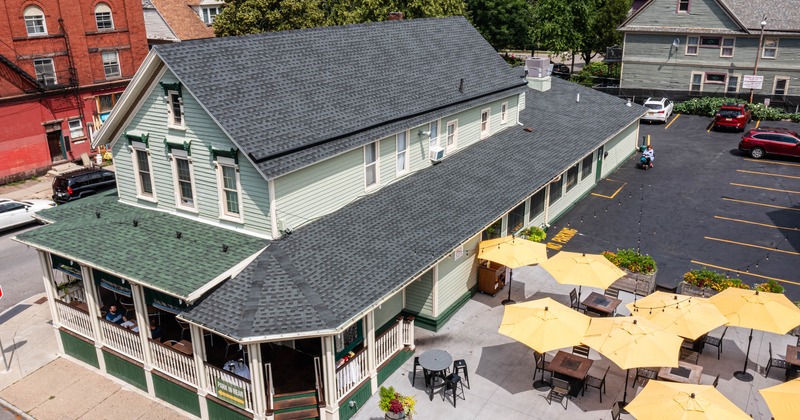 Aerial view of the restaurant and parking lot