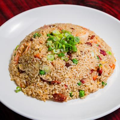 Shrimp, pork, and vegetable fried rice.