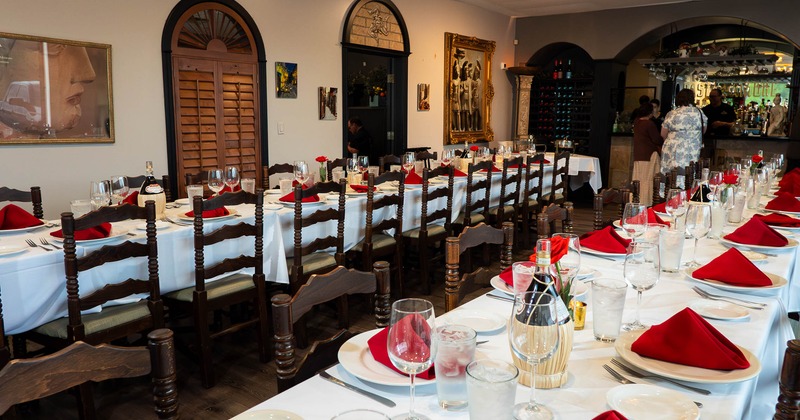 Interior, dining area with tables in a row
