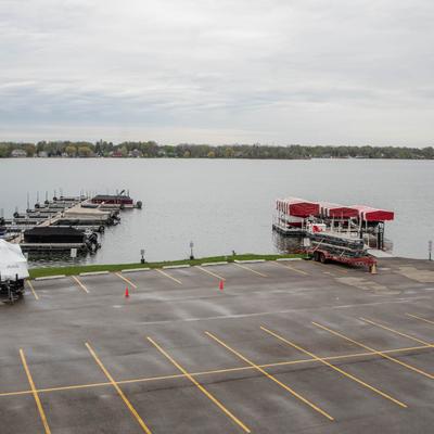 Lake boat dock and a parking lot.