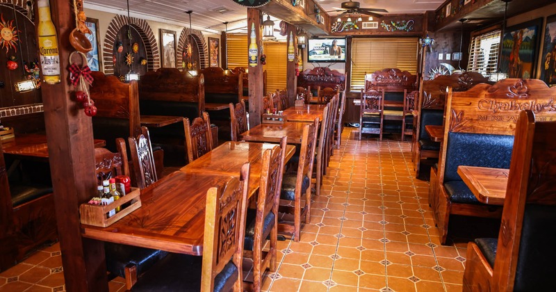 Interior, tables, chairs and seating booths