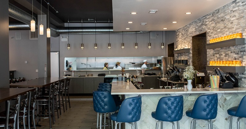 Interior, kitchen and bar area