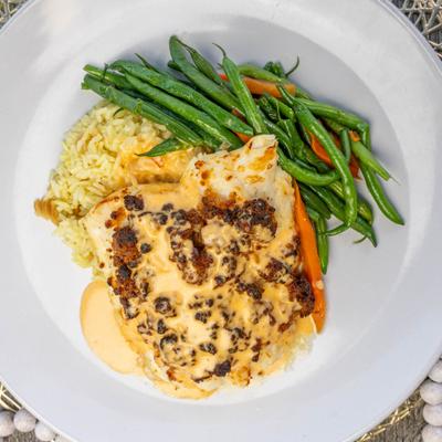Stuffed cod, top view, closeup.