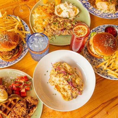 Miscellaneous dishes and drinks on the table, top view