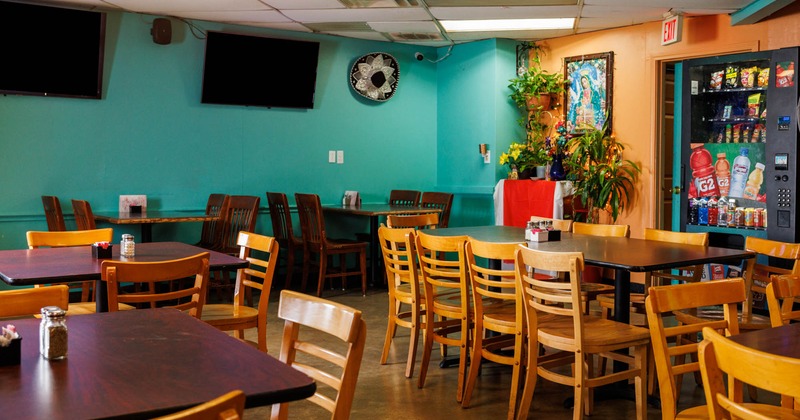 Interior, dining tables and seats