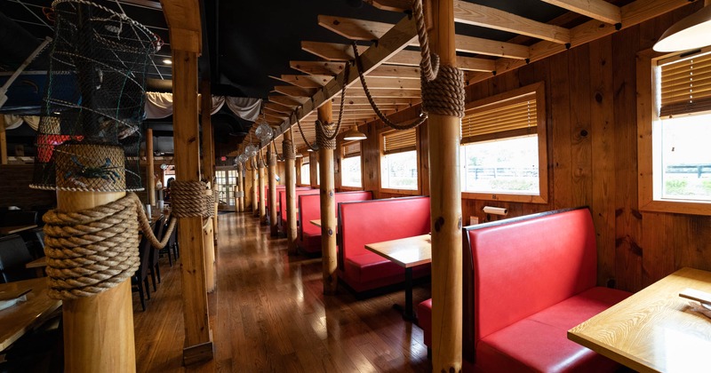 Interior, red leather booths