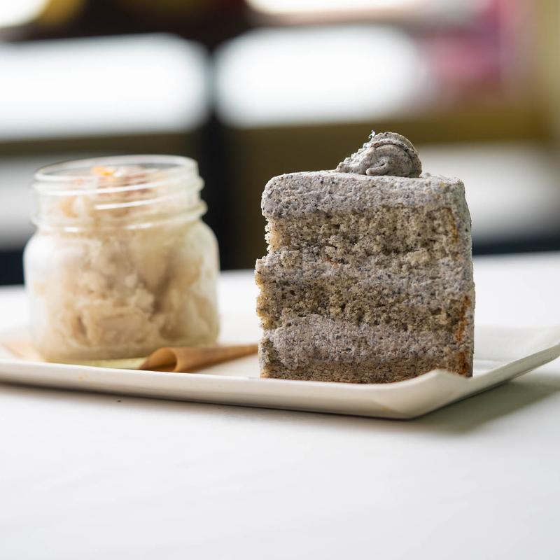 menu item 19 of 21, Black Sesame Cake with Sikhye Sorbet