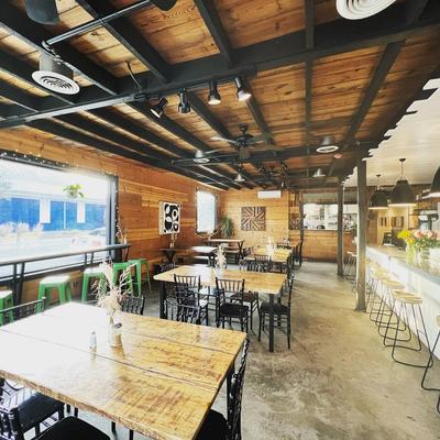 Interior, seating area, a bar.